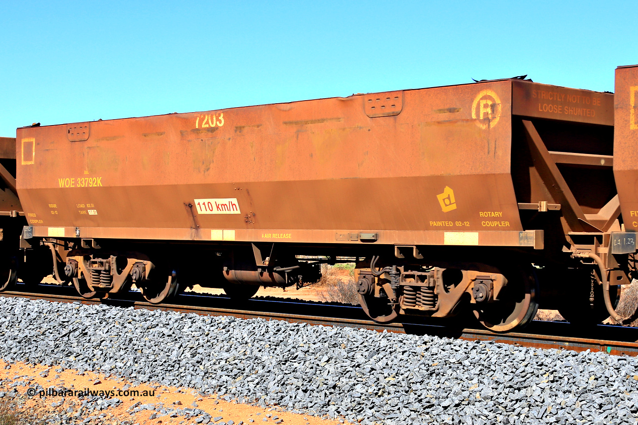 240328 2856
WOE type iron ore waggon WOE 33792 is from a batch of two hundred and twenty seven built by UGL Rail WA between from 08-2011 and 02-2012 of the current style of 82.5 tonne load capacity WOE class waggons and fleet number 7203, in Mineral Resources traffic 5040 empty Mount Walton iron ore train. March 28, 2024.
Keywords: WOE-type;WOE33792;UGL-Rail-WA;R0067-204;