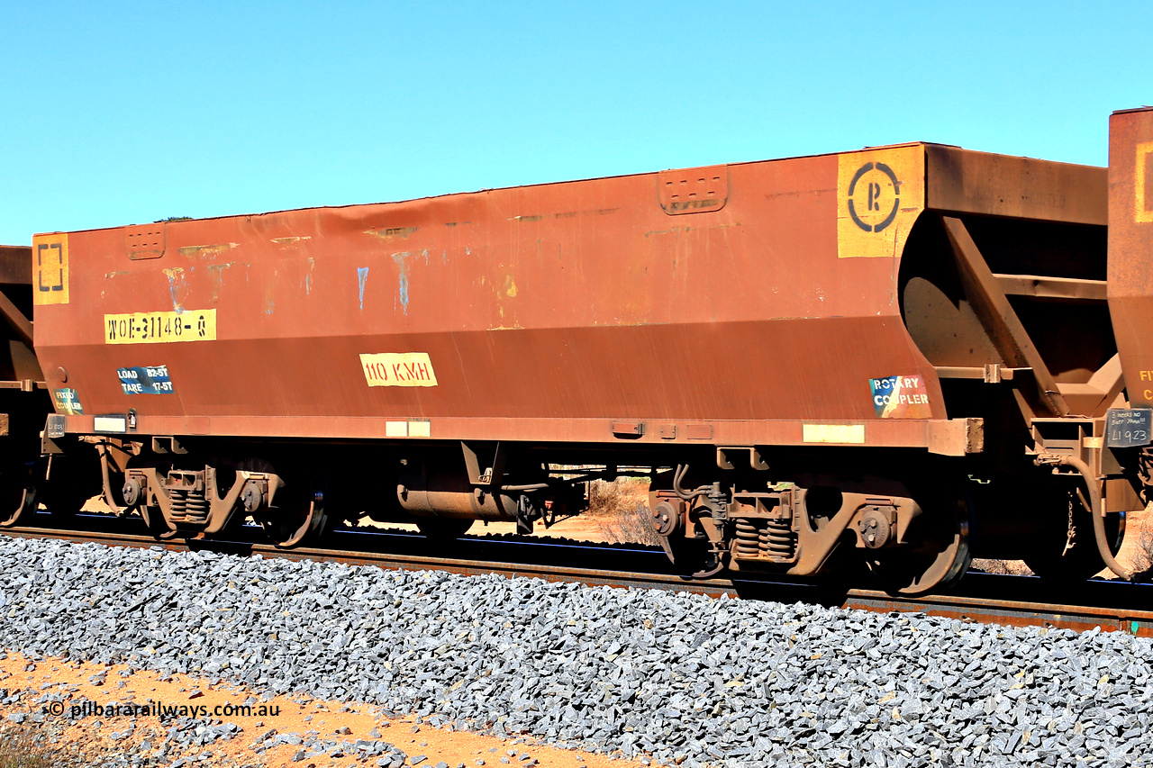 240328 2857
WOE type iron ore waggon WOE 31148 is one of a batch of fifteen built by Goninan WA between April and May 2002 and was fleet number 730 prior to the repainting of the sides, in Mineral Resources traffic 5040 empty Mount Walton iron ore train. March 28, 2024.
Keywords: WOE-type;WOE31148;Goninan-WA;