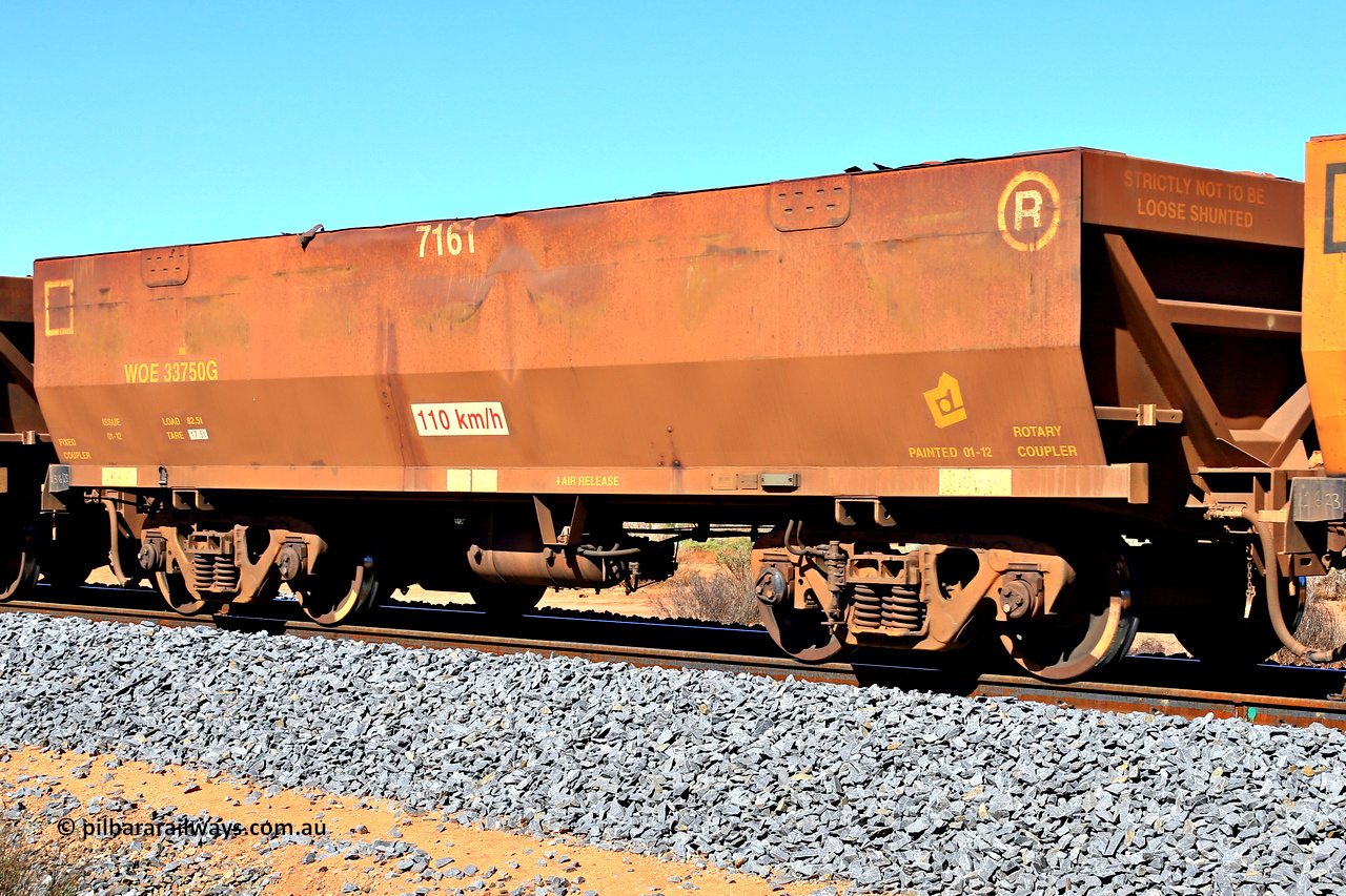 240328 2859
WOE type iron ore waggon WOE 33750 is from a batch of two hundred and twenty seven built by UGL Rail WA between from 08-2011 and 02-2012 of the current style of 82.5 tonne load capacity WOE class waggons and fleet number 7161, in Mineral Resources traffic 5040 empty Mount Walton iron ore train. March 28, 2024.
Keywords: WOE-type;WOE33750;UGL-Rail-WA;R0067-162;