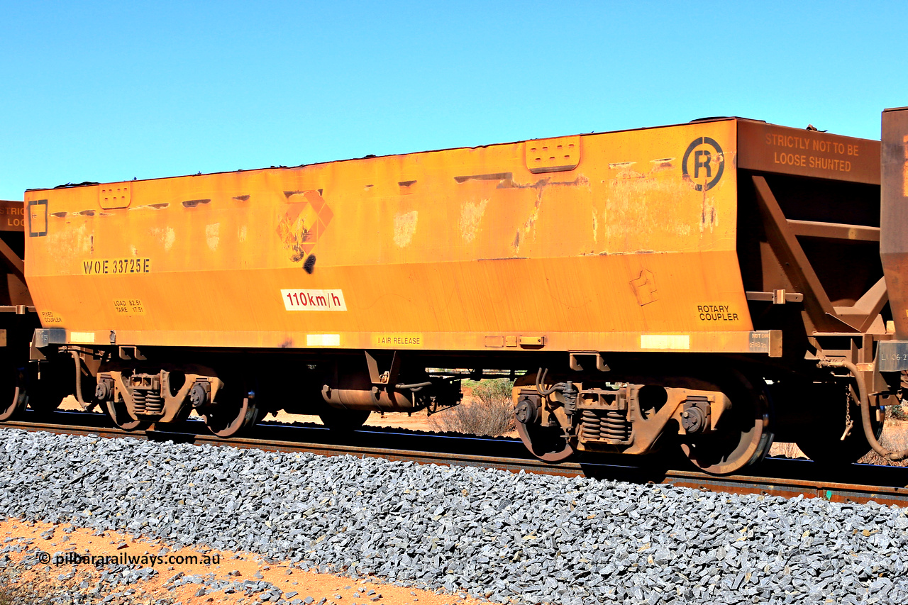 240328 2861
WOE type iron ore waggon WOE 33725 is from a batch of two hundred and twenty seven built by UGL Rail WA between from 08-2011 and 02-2012 of the current style of 82.5 tonne load capacity WOE class waggons and was fleet number 7136 prior to the Aurizon yellow repainted sides and logo, in Mineral Resources traffic 5040 empty Mount Walton iron ore train. March 28, 2024.
Keywords: WOE-type;WOE33725;UGL-Rail-WA;R0067-137;