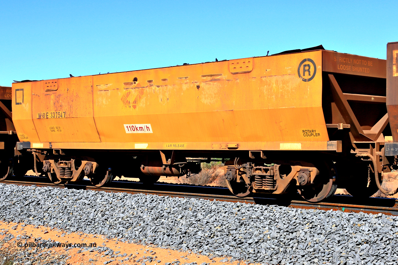 240328 2866
WOE type iron ore waggon WOE 33754 is from a batch of two hundred and twenty seven built by UGL Rail WA between from 08-2011 and 02-2012 of the current style of 82.5 tonne load capacity WOE class waggons and had fleet number 7165 before the Aurizon yellow sides and logos, in Mineral Resources traffic 5040 empty Mount Walton iron ore train. March 28, 2024.
Keywords: WOE-type;WOE33754;UGL-Rail-WA;R0067-166;