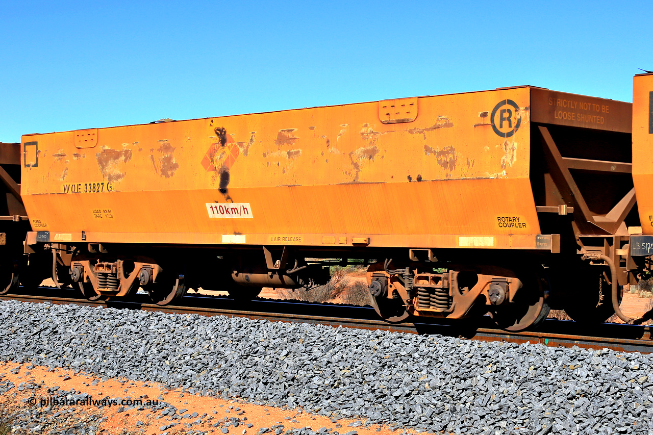 240328 2867
WOE type iron ore waggon WOE 33827 is from a batch of thirty built by UGL [United Goninan Limited] in China during November and December 2015 with serial number R0189-012 and was fleet number 7238 prior to the Aurizon yellow repainted sides and logo, in Mineral Resources traffic 5040 empty Mount Walton iron ore train. March 28, 2024.
Keywords: WOE-type;WOE33827;UGL-China;R0189-012;