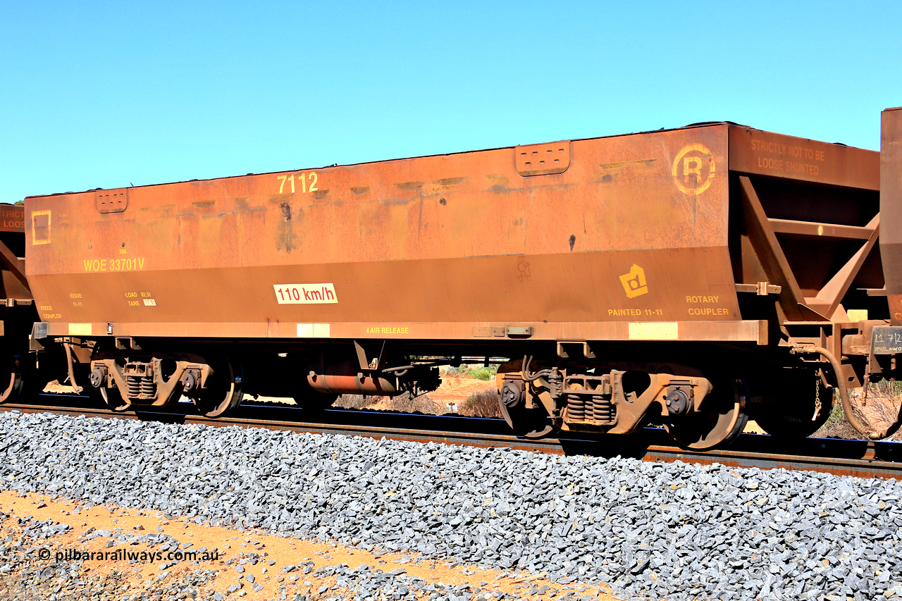 240328 2869
WOE type iron ore waggon WOE 33701 is from a batch of two hundred and twenty seven built by UGL Rail WA between from 08-2011 and 02-2012 of the current style of 82.5 tonne load capacity WOE class waggons and fleet number 7112, in Mineral Resources traffic 5040 empty Mount Walton iron ore train. March 28, 2024.
Keywords: WOE-type;WOE33701;UGL-Rail-WA;R0067-113;