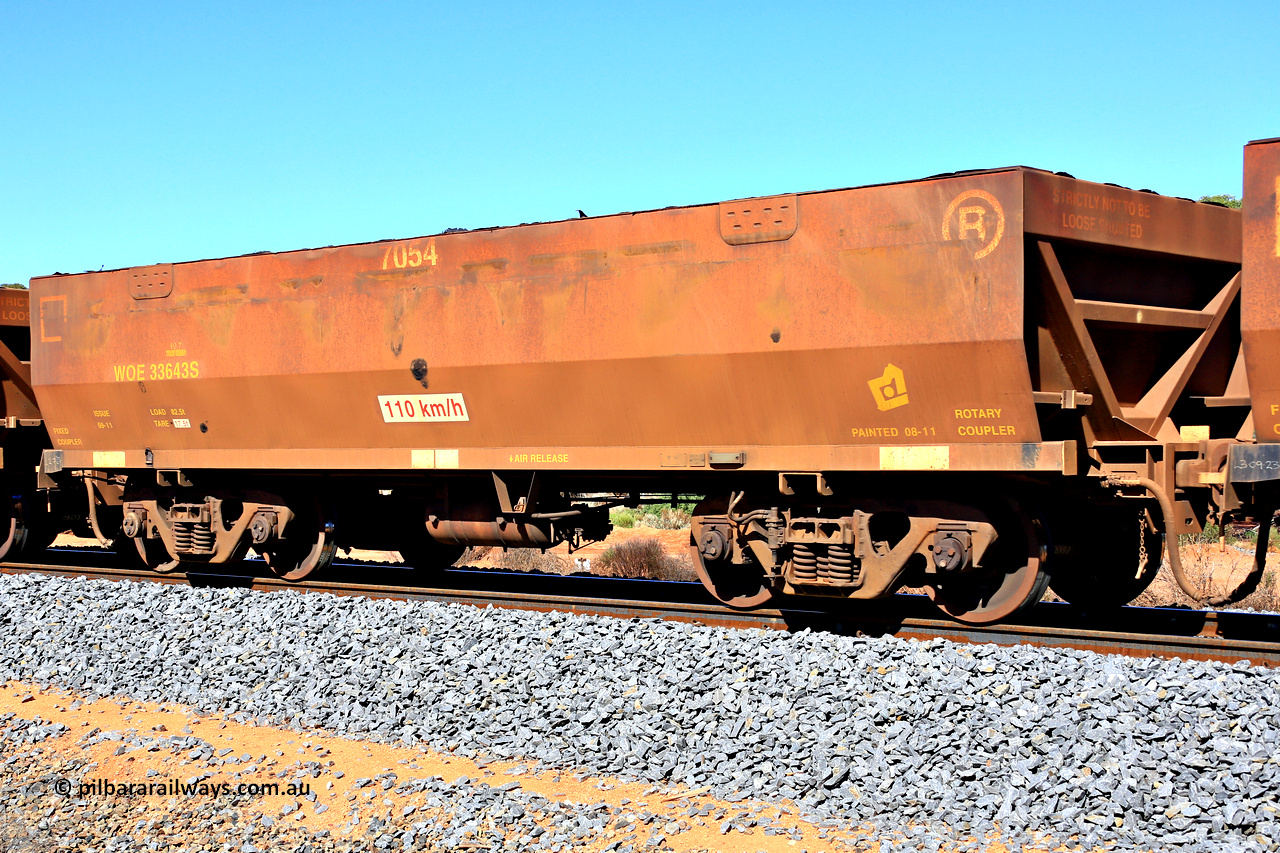 240328 2870
WOE type iron ore waggon WOE 33643 is from a batch of two hundred and twenty seven built by UGL Rail WA between from 08-2011 and 02-2012 of the current style of 82.5 tonne load capacity WOE class waggons and fleet number 7054, in Mineral Resources traffic 5040 empty Mount Walton iron ore train. March 28, 2024.
Keywords: WOE-type;WOE33643;UGL-Rail-WA;R0067-055;