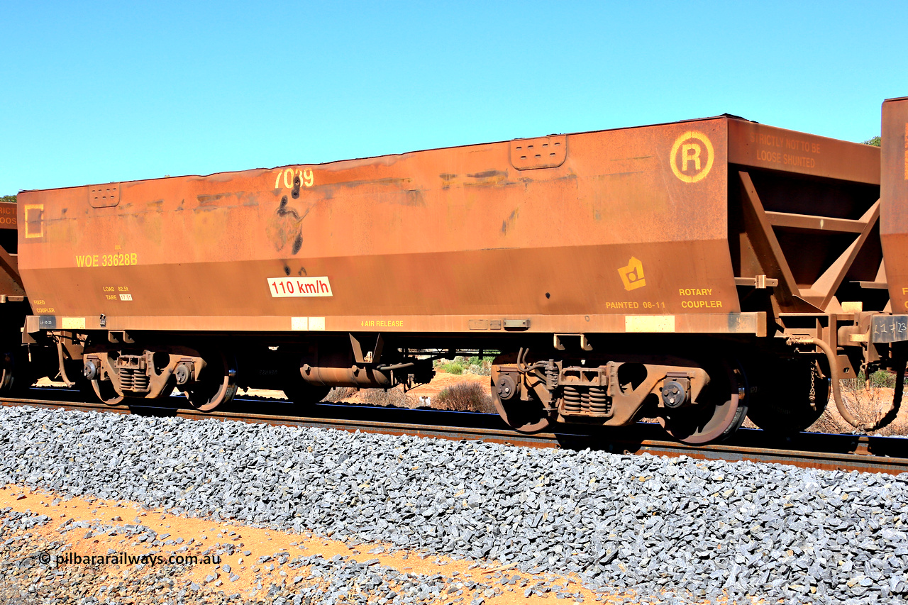 240328 2871
WOE type iron ore waggon WOE 33628 is from a batch of two hundred and twenty seven built by UGL Rail WA between from 08-2011 and 02-2012 of the current style of 82.5 tonne load capacity WOE class waggons and had fleet number 7039, in Mineral Resources traffic 5040 empty Mount Walton iron ore train. March 28, 2024.
Keywords: WOE-type;WOE33628;UGL-Rail-WA;R0067-040;