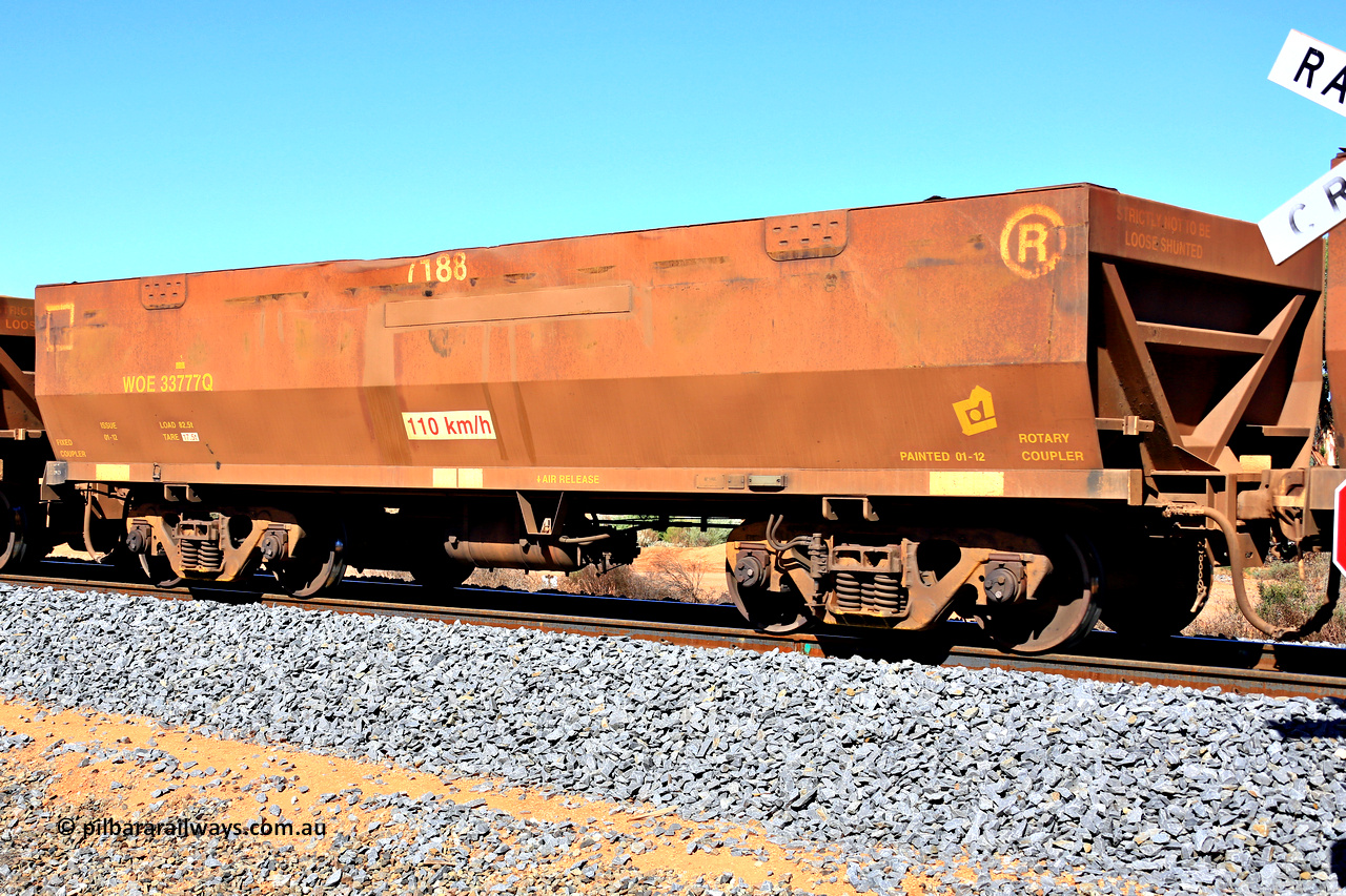 240328 2872
WOE type iron ore waggon WOE 33777 is from a batch of two hundred and twenty seven built by UGL Rail WA between from 08-2011 and 02-2012 of the current style of 82.5 tonne load capacity WOE class waggons and had fleet number 7188, in Mineral Resources traffic 5040 empty Mount Walton iron ore train. March 28, 2024.
Keywords: WOE-type;WOE33777;UGL-Rail-WA;R0067-189;