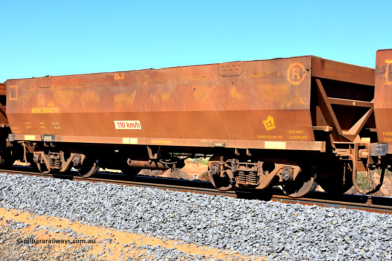 240328 2873
WOE type iron ore waggon WOE 33487 is one of a batch of one hundred and twenty eight built by United Group Rail WA between August 2008 and March 2009 with serial number 950211-027 and fleet number 8980, in Mineral Resources traffic 5040 empty Mount Walton iron ore train. March 28, 2024.
Keywords: WOE-type;WOE33487;United-Group-Rail-WA;950211-027;