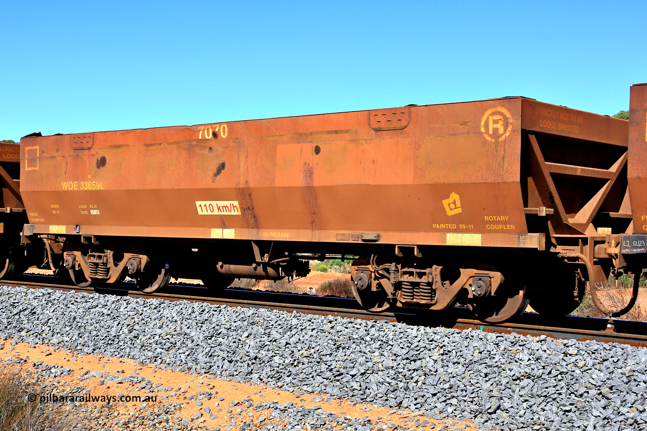 240328 2876
WOE type iron ore waggon WOE 33659 is from a batch of two hundred and twenty seven built by UGL Rail WA between from 08-2011 and 02-2012 of the current style of 82.5 tonne load capacity WOE class waggons and had fleet number 7070, in Mineral Resources traffic 5040 empty Mount Walton iron ore train. March 28, 2024.
Keywords: WOE-type;WOE33659;UGL-Rail-WA;R0067-071;