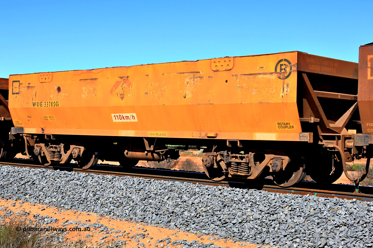240328 2877
WOE type iron ore waggon WOE 33785 is from a batch of two hundred and twenty seven built by UGL Rail WA between from 08-2011 and 02-2012 of the current style of 82.5 tonne load capacity WOE class waggons and had fleet number 7196 before the Aurizon yellow sides and logos, in Mineral Resources traffic 5040 empty Mount Walton iron ore train. March 28, 2024.
Keywords: WOE-type;WOE33785;UGL-Rail-WA;R0067-197;