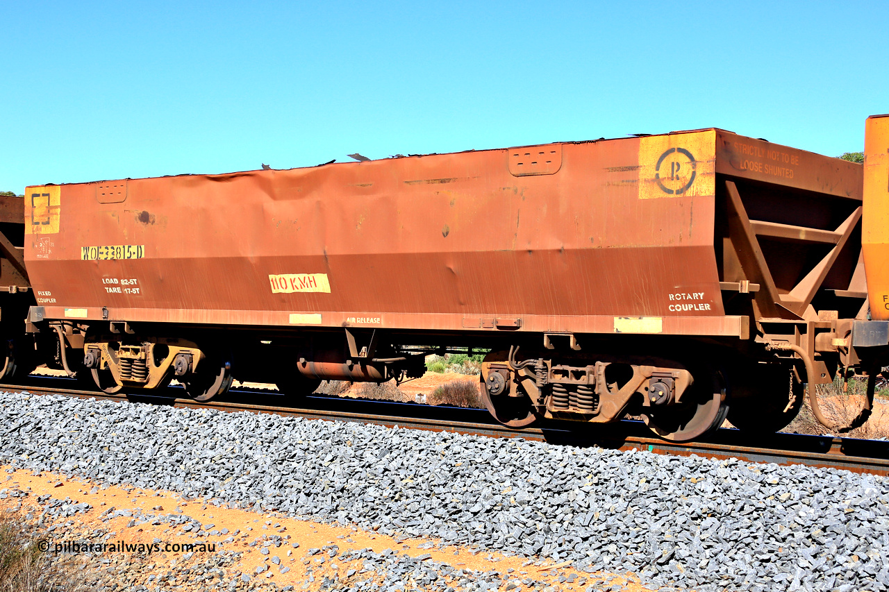 240328 2878
WOE type iron ore waggon WOE 33815 is the final waggon from a batch of two hundred and twenty seven built by UGL Rail WA between from 08-2011 and 02-2012 of the current style of 82.5 tonne load capacity WOE class waggons and had fleet number 7226 before the Aurizon yellow sides and logo, in Mineral Resources traffic 5040 empty Mount Walton iron ore train. March 28, 2024.
Keywords: WOE-type;WOE33815;UGL-Rail-WA;R0067-227;