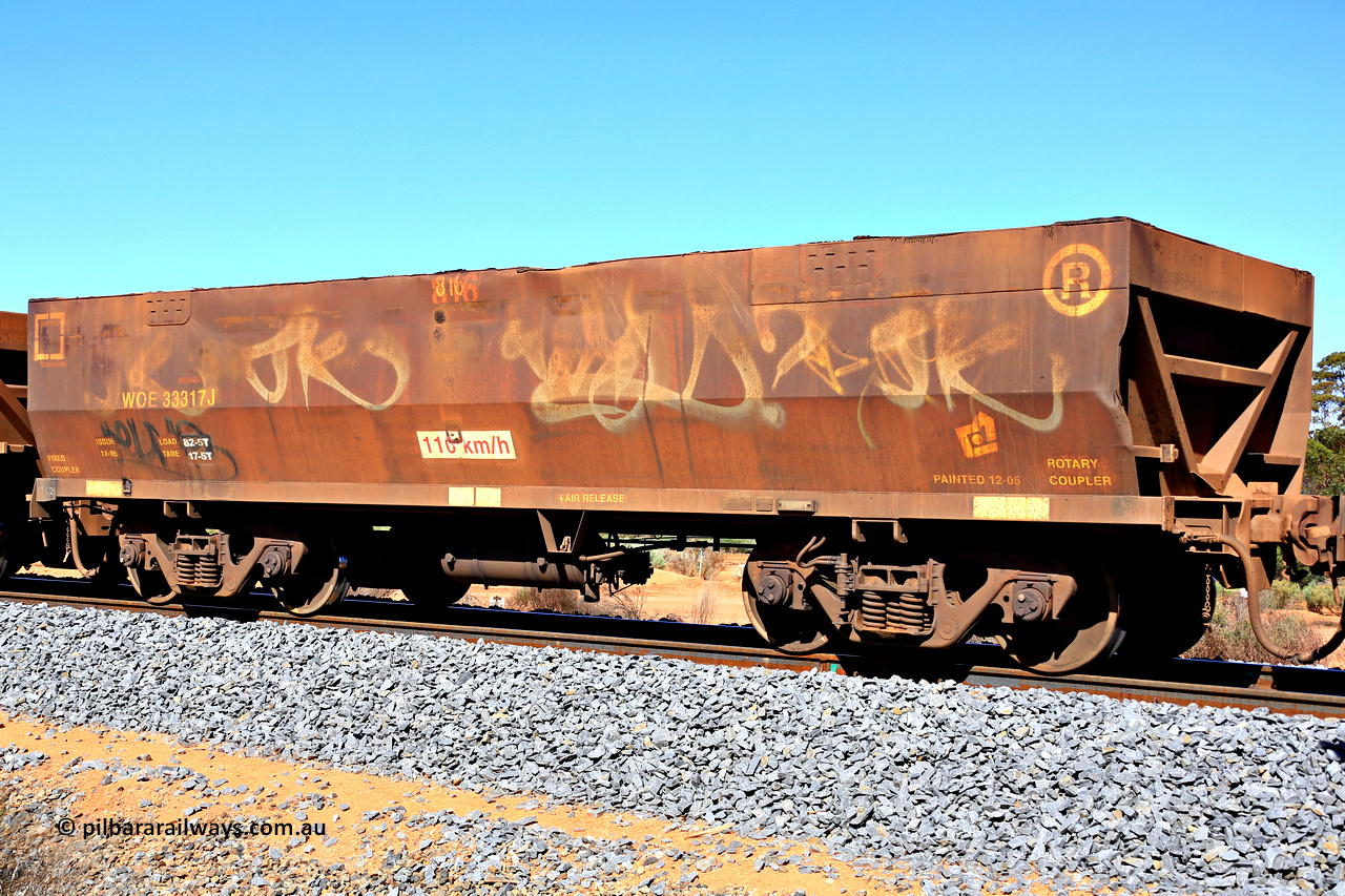240328 2879
WOE type iron ore waggon WOE 33317 is one of a batch of one hundred and forty one built by United Goninan WA between November 2005 and April 2006 with serial number 950142-022 and fleet number 816, in Mineral Resources traffic 5040 empty Mount Walton iron ore train. March 28, 2024.
Keywords: WOE-type;WOE33317;United-Goninan-WA;950142-022;
