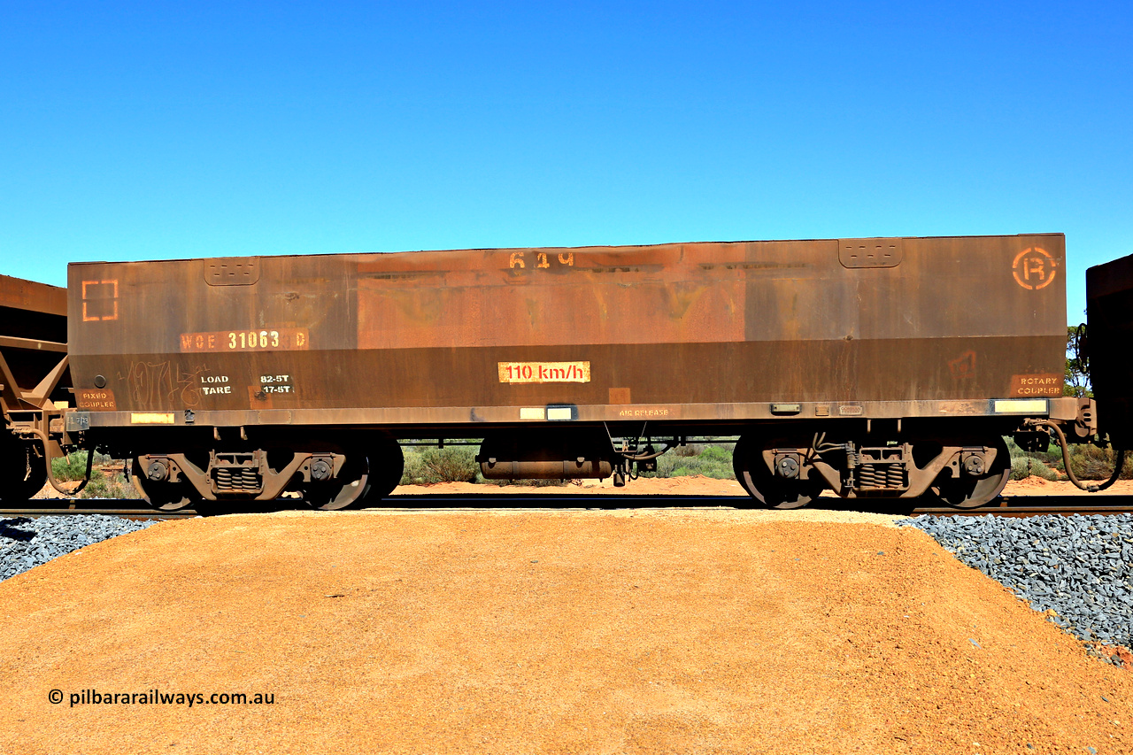 240328 2882
WOE type iron ore waggon WOE 31063 is one of a batch of one hundred and thirty built by Goninan WA between March and August 2001 with serial number 950092-053 and fleet number 649, in Mineral Resources traffic 5040 empty Mount Walton iron ore train. March 28, 2024.
Keywords: WOE-type;WOE31063;Goninan-WA;950092-053;