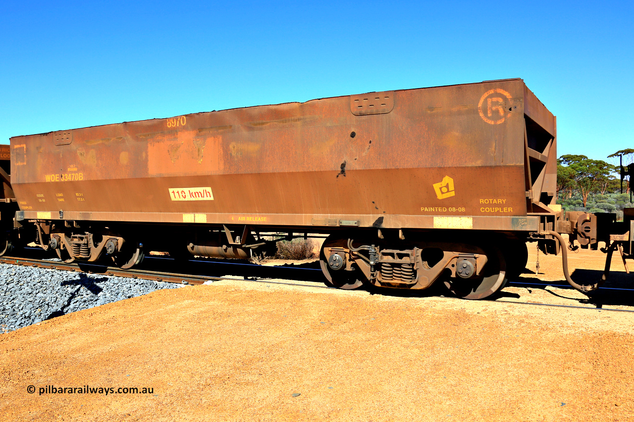 240328 2883
WOE type iron ore waggon WOE 33470 is one of a batch of one hundred and twenty eight built by United Group Rail WA between August 2008 and March 2009 with serial number 950211-012 and fleet number 8970, in Mineral Resources traffic 5040 empty Mount Walton iron ore train. March 28, 2024.
Keywords: WOE-type;WOE33470;United-Group-Rail-WA;950211-012;