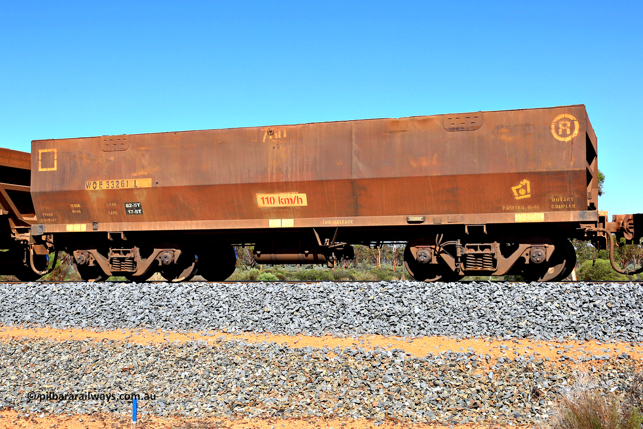 240328 2887
WOE type iron ore waggon WOE 33261 is leader of a batch of thirty five built by Goninan WA between September and October 2002 with serial number 950104-001 and fleet number 760, in Mineral Resources traffic 5040 empty Mount Walton iron ore train. March 28, 2024.
Keywords: WOE-type;WOE33261;Goninan-WA;950104-001;