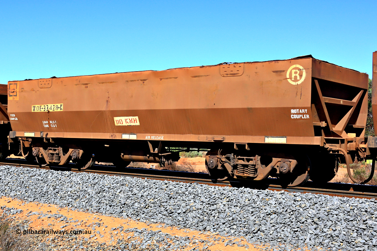 240328 2889
WOE type iron ore waggon WOE 33428 is one of a batch of one hundred and forty one built by United Group Rail WA between November 2005 and April 2006 with serial number 950142-133 and was fleet number 8927 prior to the waggon side repainting, in Mineral Resources traffic 5040 empty Mount Walton iron ore train. March 28, 2024.
Keywords: WOE-type;WOE33428;United-Group-Rail-WA;950142-133;