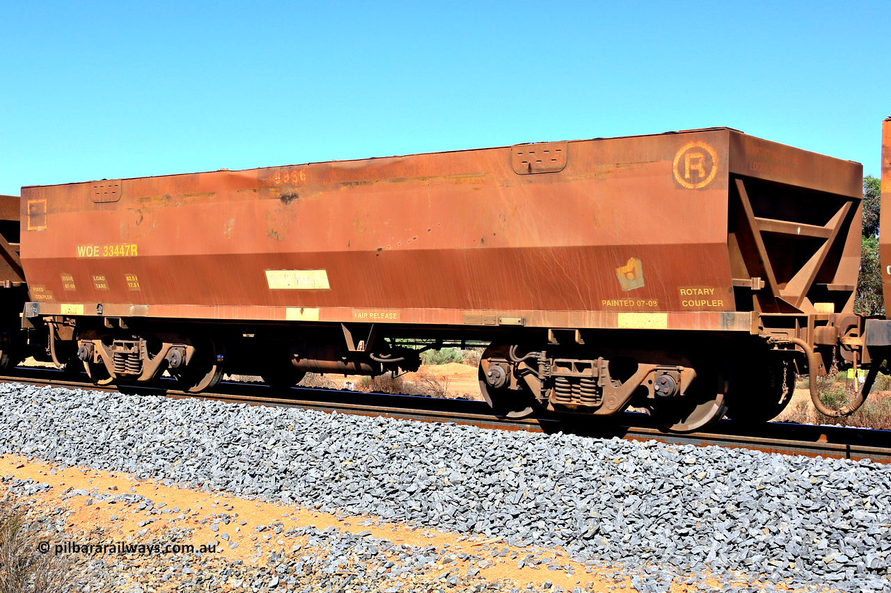 240328 2890
WOE type iron ore waggon WOE 33447 is one of a batch of seventeen built by United Group Rail WA between July and August 2008 with serial number 950209-011 and fleet number 8966, in Mineral Resources traffic 5040 empty Mount Walton iron ore train. March 28, 2024.
Keywords: WOE-type;WOE33447;United-Group-Rail-WA:950209-011;