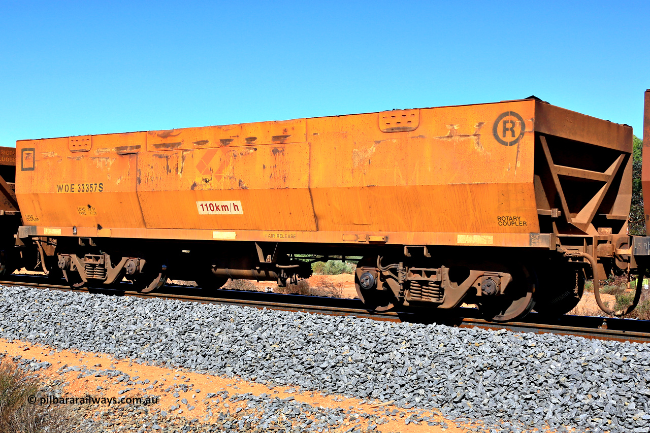 240328 2891
WOE type iron ore waggon WOE 33357 is one of a batch of one hundred and forty one built by United Goninan WA between November 2005 and April 2006 with serial number 950142-062 and had fleet number 856 until the Aurizon yellow repainting of the sides and logo, in Mineral Resources traffic 5040 empty Mount Walton iron ore train. March 28, 2024.
Keywords: WOE-type;WOE33357;United-Goninan-WA;950142-062;