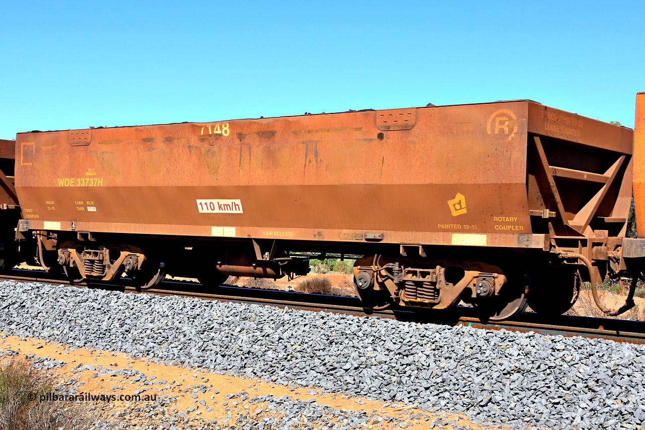 240328 2892
WOE type iron ore waggon WOE 33737 is from a batch of two hundred and twenty seven built by UGL Rail WA between from 08-2011 and 02-2012 of the current style of 82.5 tonne load capacity WOE class waggons and had fleet number 7148, in Mineral Resources traffic 5040 empty Mount Walton iron ore train. March 28, 2024.
Keywords: WOE-type;WOE33737;UGL-Rail-WA;R0067-149;