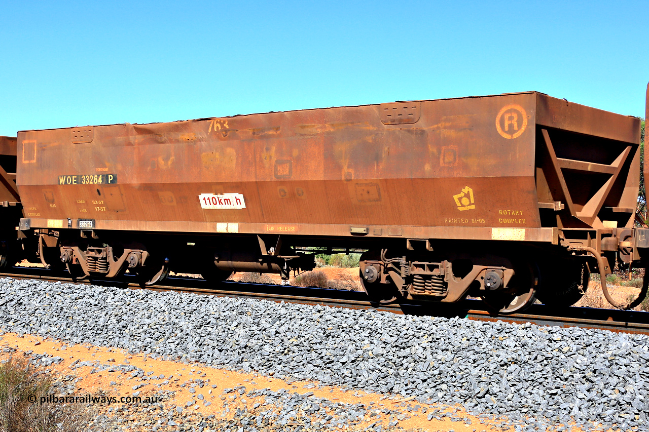 240328 2893
WOE type iron ore waggon WOE 33264 is one of thirty five esggons built by Goninan WA between September and October 2002 with serial number 950104-004 and fleet number 763, in Mineral Resources traffic 5040 empty Mount Walton iron ore train. March 28, 2024.
Keywords: WOE-type;WOE33264;Goninan-WA;950104-004;