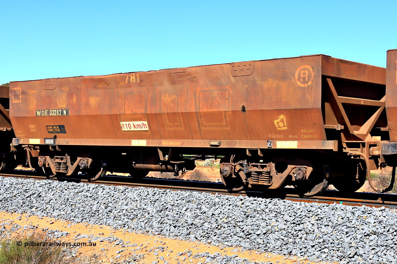 240328 2894
WOE type iron ore waggon WOE 33282 is one of a batch of thirty five built by United Goninan WA between January and April 2005 with serial number 950104-022 and fleet number 781, in Mineral Resources traffic 5040 empty Mount Walton iron ore train. March 28, 2024.
Keywords: WOE-type;WOE33282;United-Goninan-WA;950104-022;