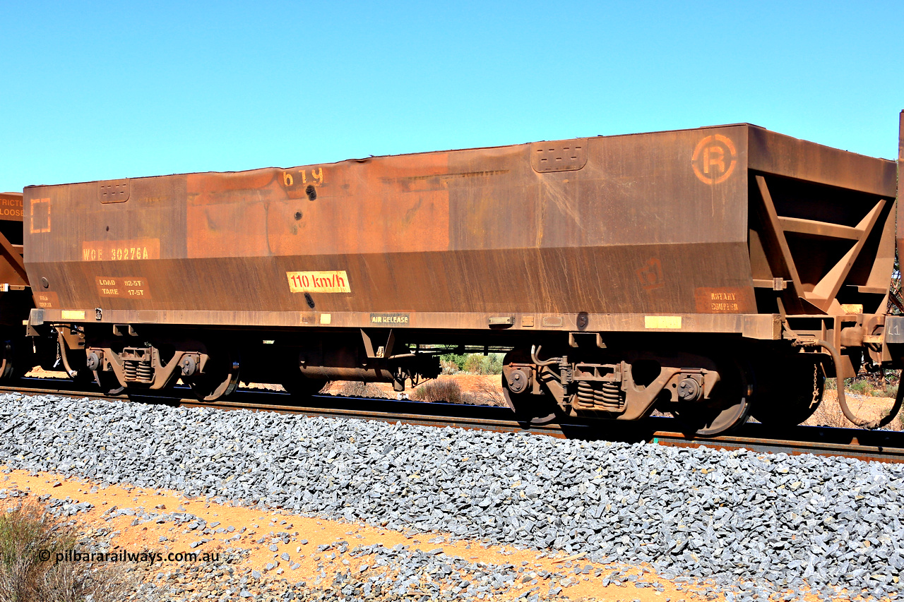 240328 2895
WOE type iron ore waggon WOE 30276 is one of a batch of one hundred and thirty built by Goninan WA between March and August 2001 with serial number 950092-026 and fleet number 619, in Mineral Resources traffic 5040 empty Mount Walton iron ore train. March 28, 2024.
Keywords: WOE-type;WOE30276;Goninan-WA;950092-026;