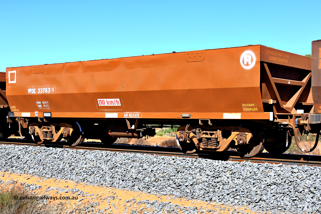 240328 2896
WOE type iron ore waggon WOE 33763 is from a batch of two hundred and twenty seven built by UGL Rail WA between from 08-2011 and 02-2012 of the current style of 82.5 tonne load capacity WOE class waggons with serial number R0067-175 and was fleet number 7174 before the recent brown repainted sides, in Mineral Resources traffic 5040 empty Mount Walton iron ore train. March 28, 2024.
Keywords: WOE-type;WOE33763;UGL-Rail-WA;R0067-175;