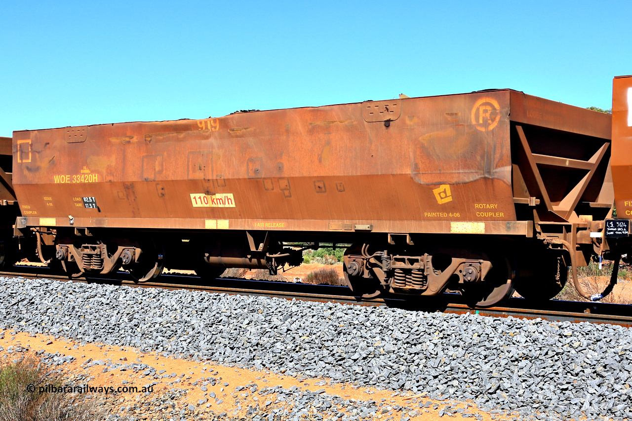 240328 2897
WOE type iron ore waggon WOE 33420 is one of a batch of one hundred and forty one built by United Group Rail WA between November 2005 and April 2006 with serial number 950142-125 and fleet number 8919 with the eight almost faded away, in Mineral Resources traffic 5040 empty Mount Walton iron ore train. March 28, 2024.
Keywords: WOE-type;WOE33420;United-Group-Rail-WA;950142-125;