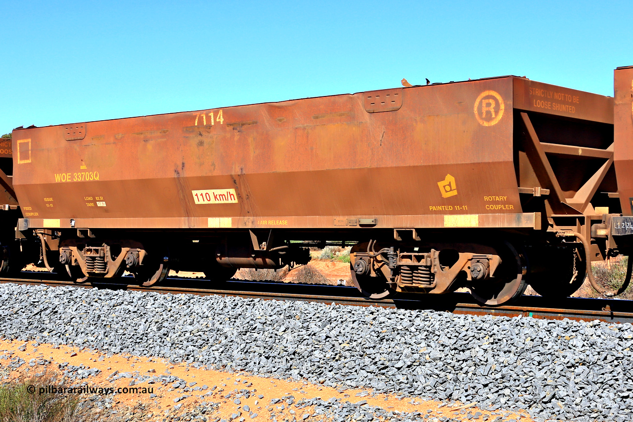 240328 2900
WOE type iron ore waggon WOE 33703 is from a batch of two hundred and twenty seven built by UGL Rail WA between from 08-2011 and 02-2012 of the current style of 82.5 tonne load capacity WOE class waggons with serial number R0067-115 and fleet number 7114, in Mineral Resources traffic 5040 empty Mount Walton iron ore train. March 28, 2024.
Keywords: WOE-type;WOE33703;UGL-Rail-WA;R0067-115;