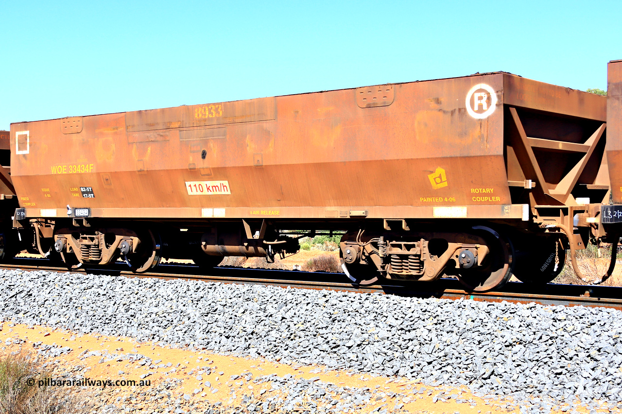 240328 2902
WOE type iron ore waggon WOE 33434 is one of a batch of one hundred and forty one built by United Group Rail WA between November 2005 and April 2006 with serial number 950142-139 and fleet number 8933, in Mineral Resources traffic 5040 empty Mount Walton iron ore train. March 28, 2024.
Keywords: WOE-type;WOE33434;United-Group-Rail-WA;950142-139;