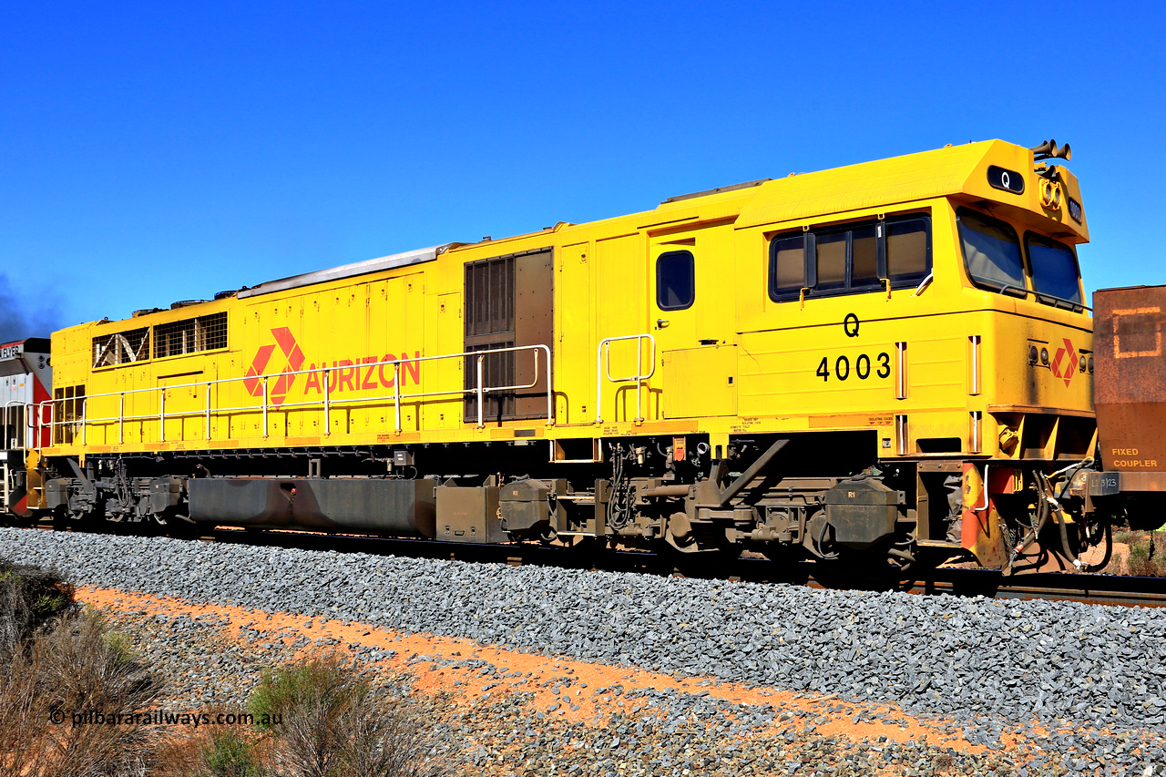 240328 2905
Feysville, Mineral Resources empty Mount Walton iron ore train 5040 with mid-train unit Q class Q 4003 a Clyde Engineering built EMD GT46C model with serial number 97-1456, the nineteen members of the Q class were built for Westrail between 1997 and 1998 and originally numbered Q 301 to 319 with Q 303 becoming Q 4003. March 28, 2024.
Keywords: Q-class;Q4003;Clyde-Engineering-Forrestfield-WA;EMD;GT46C;97-1456;Q303;