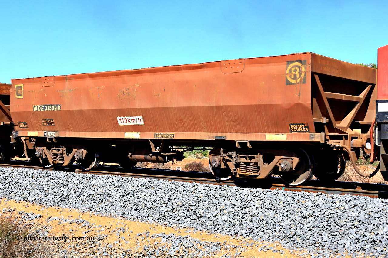240328 2909
WOE type iron ore waggon WOE 33509 is one of a batch of one hundred and twenty eight built by United Group Rail WA between August 2008 and March 2009 with serial number 950211-049 and was fleet number 9004 before being repainted brown, in Mineral Resources traffic 5040 empty Mount Walton iron ore train. March 28, 2024.
Keywords: WOE-type;WOE33509;United-Group-Rail-WA;950211-049;