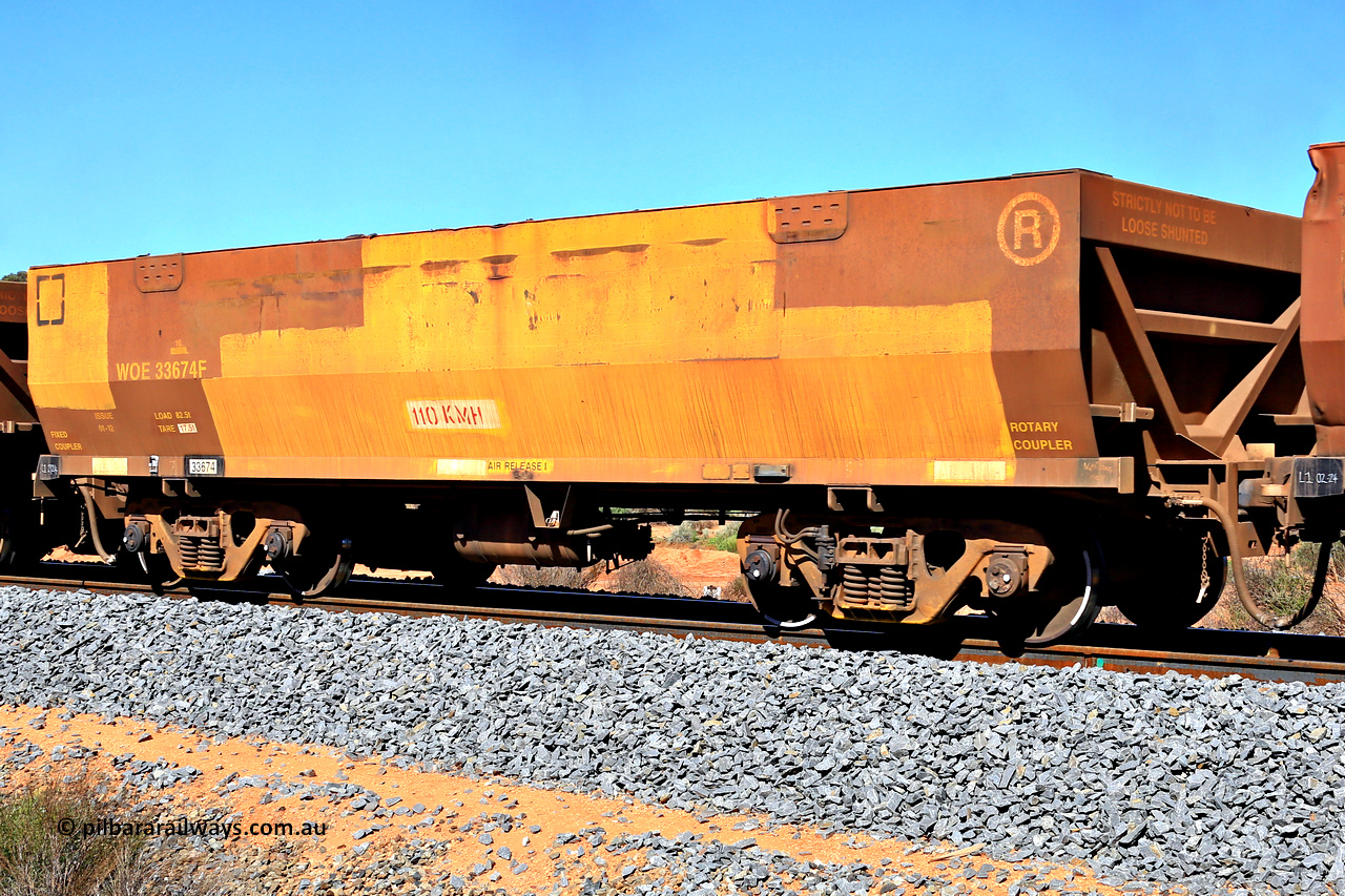 240328 2910
WOE type iron ore waggon WOE 33674 is from a batch of two hundred and twenty seven built by UGL Rail WA between from 08-2011 and 02-2012 of the current style of 82.5 tonne load capacity WOE class waggons with serial number R0067-086 and was fleet number 7085 before being patch painted yellow, in Mineral Resources traffic 5040 empty Mount Walton iron ore train. March 28, 2024.
Keywords: WOE-type;WOE33674;UGL-Rail-WA;R0067-086;