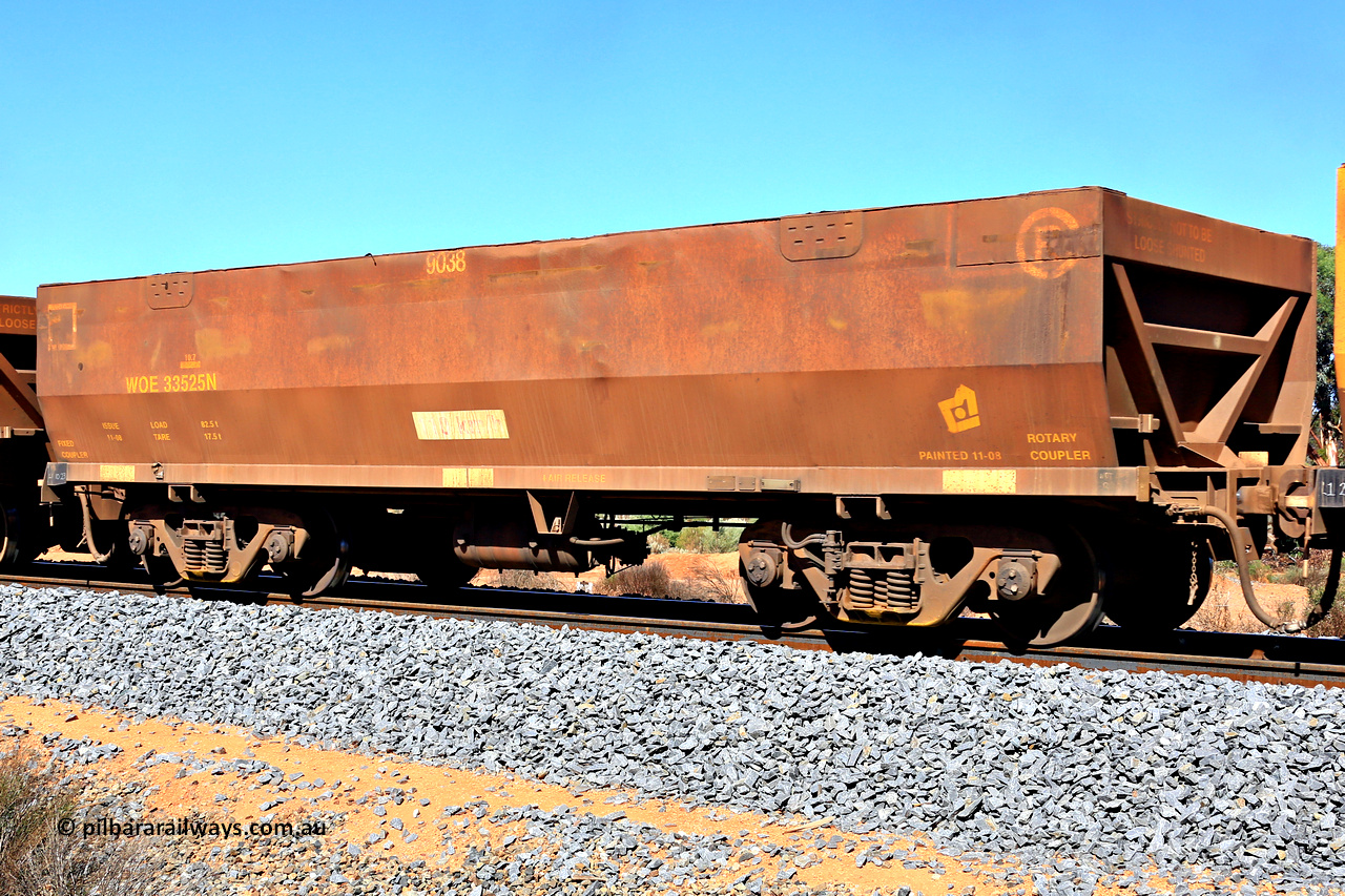 240328 2911
WOE type iron ore waggon WOE 33525 is one of a batch of one hundred and twenty eight built by United Group Rail WA between August 2008 and March 2009 with serial number 950211-065 and fleet number 9038, in Mineral Resources traffic 5040 empty Mount Walton iron ore train. March 28, 2024.
Keywords: WOE-type;WOE33525;United-Group-Rail-WA;950211-065;