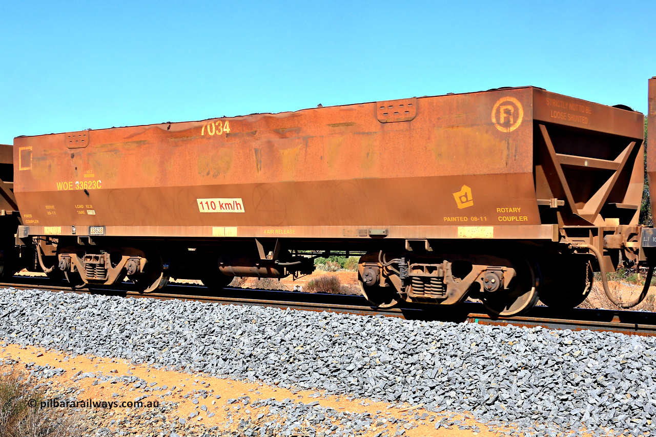 240328 2912
WOE type iron ore waggon WOE 33623 is from a batch of two hundred and twenty seven built by UGL Rail WA between from 08-2011 and 02-2012 of the current style of 82.5 tonne load capacity WOE class waggons with serial number R0067-035 and fleet number 7034, in Mineral Resources traffic 5040 empty Mount Walton iron ore train. March 28, 2024.
Keywords: WOE-type;WOE33623;UGL-Rail-WA;R0067-035;