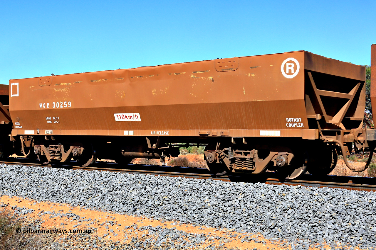 240328 2913
WOE type iron ore waggon WOE 30259 is one of a batch of one hundred and thirty built by Goninan WA between March and August 2001 with serial number 950092-009 and was fleet number 609 before being repainted brown with white markings, in Mineral Resources traffic 5040 empty Mount Walton iron ore train. March 28, 2024.
Keywords: WOE-type;WOE30259;Goninan-WA;950092-009;