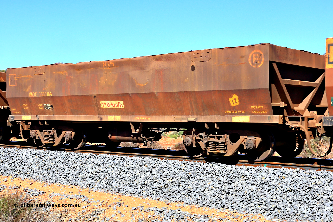 240328 2915
WOE type iron ore waggon WOE 33316 is one of a batch of one hundred and forty one built by United Goninan WA between November 2005 and April 2006 with serial number 950142-021 and fleet number 815, in Mineral Resources traffic 5040 empty Mount Walton iron ore train. March 28, 2024.
Keywords: WOE-type;WOE33316;United-Goninan-WA;950142-021;