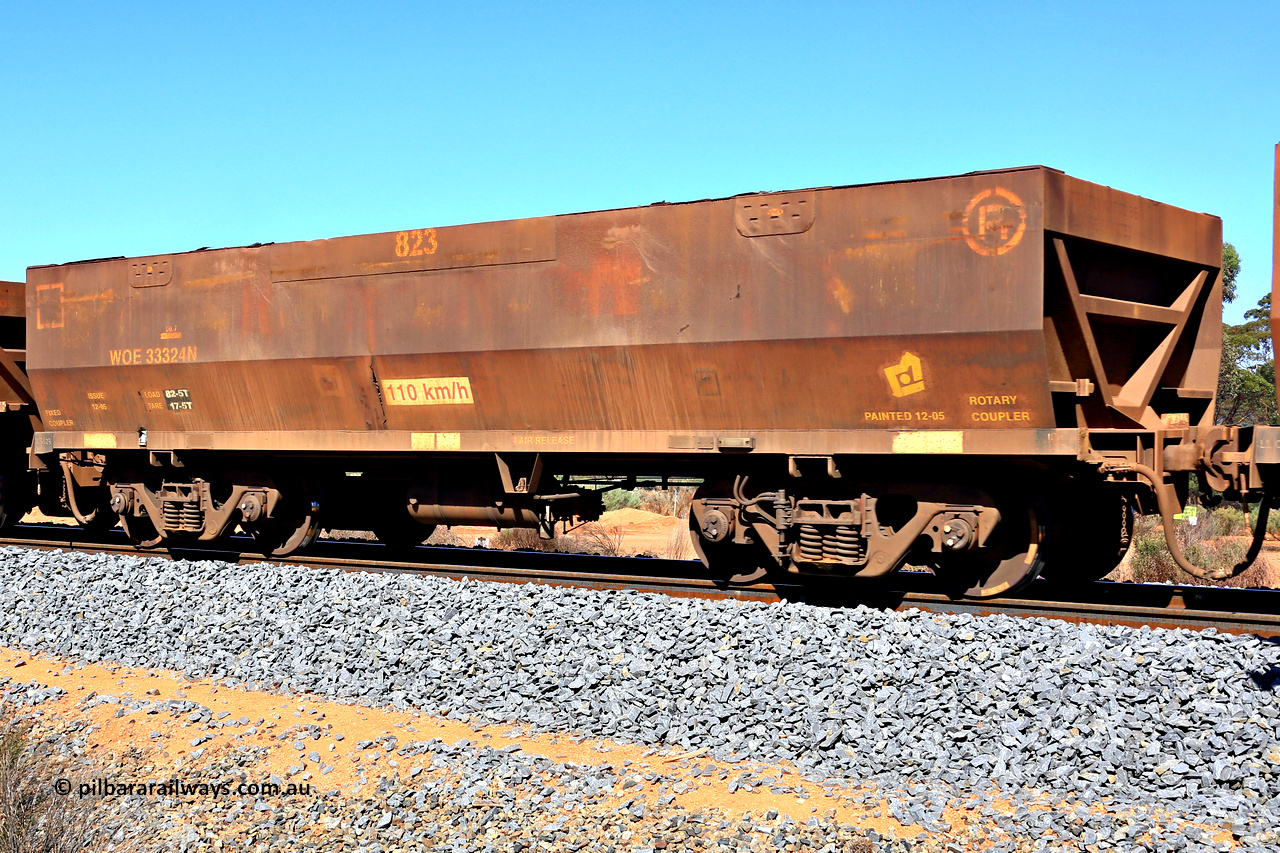 240328 2917
WOE type iron ore waggon WOE 33324 is one of a batch of one hundred and forty one built by United Goninan WA between November 2005 and April 2006 with serial number 950142-029 and fleet number 823, in Mineral Resources traffic 5040 empty Mount Walton iron ore train. March 28, 2024.
Keywords: WOE-type;WOE33324;United-Goninan-WA;950142-029;