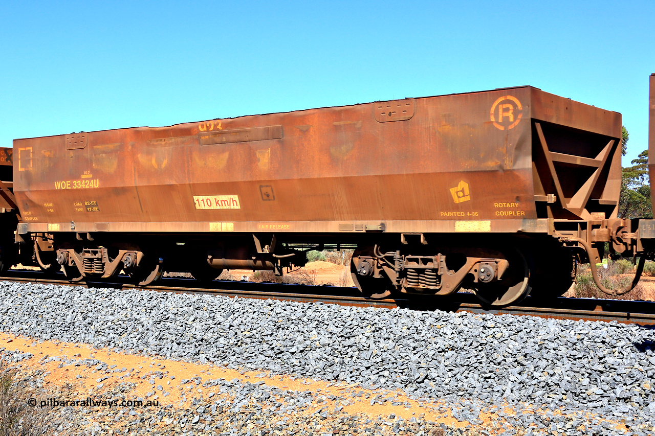 240328 2918
WOE type iron ore waggon WOE 33424 is one of a batch of one hundred and forty one built by United Group Rail WA between November 2005 and April 2006 with serial number 950142-129 and fleet number 8923 with the 8 only just visible, , in Mineral Resources traffic 5040 empty Mount Walton iron ore train. March 28, 2024.
Keywords: WOE-type;WOE33424;United-Group-Rail-WA;950142-129;