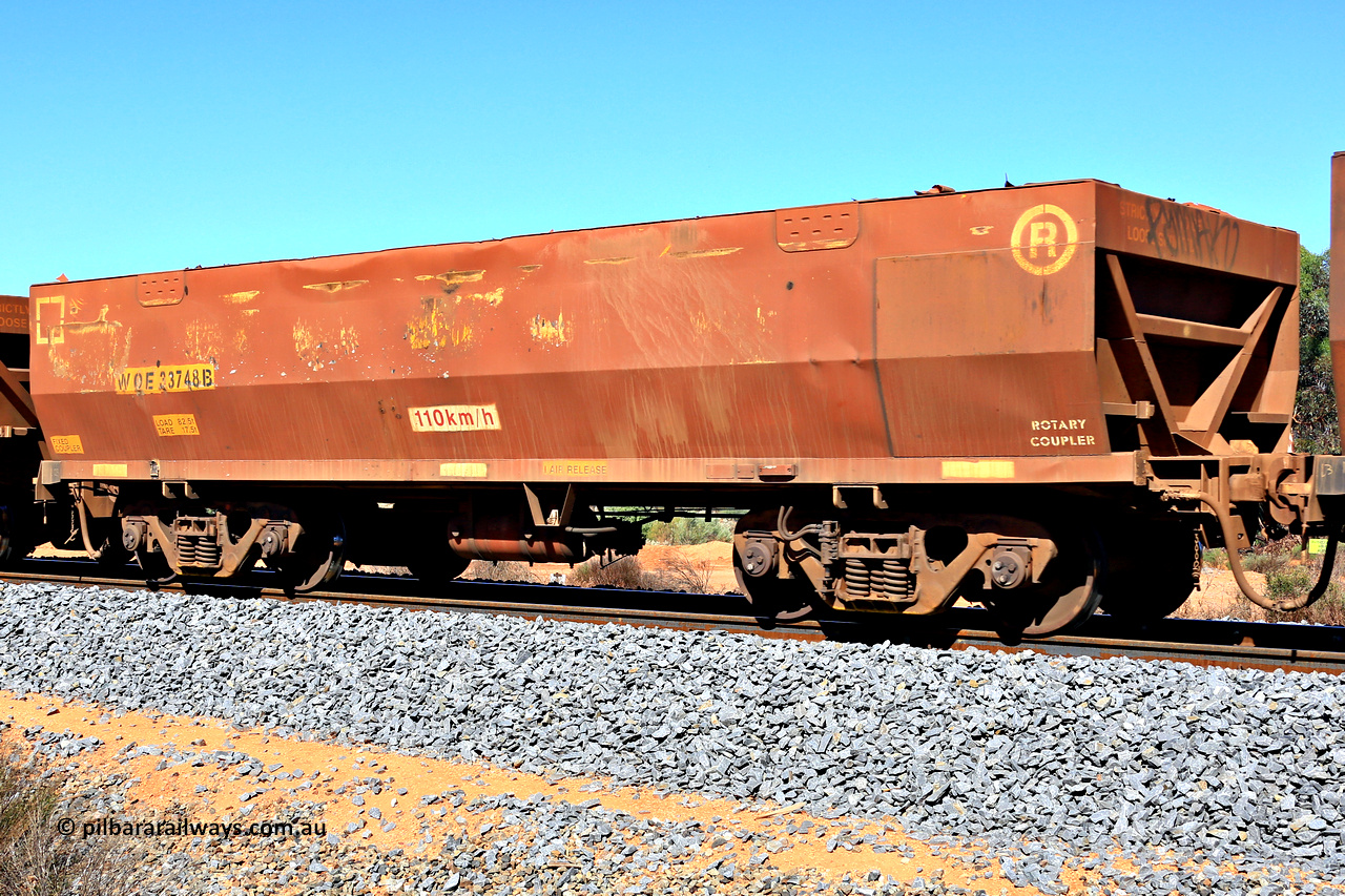 240328 2919
WOE type iron ore waggon WOE 33748 is from a batch of two hundred and twenty seven built by UGL Rail WA between from 08-2011 and 02-2012 of the current style of 82.5 tonne load capacity WOE class waggons with serial number R0067-160 and was fleet number 7159 before being repainted brown, in Mineral Resources traffic 5040 empty Mount Walton iron ore train. March 28, 2024.
Keywords: WOE-type;WOE33748;UGL-Rail-WA;R0067-160;