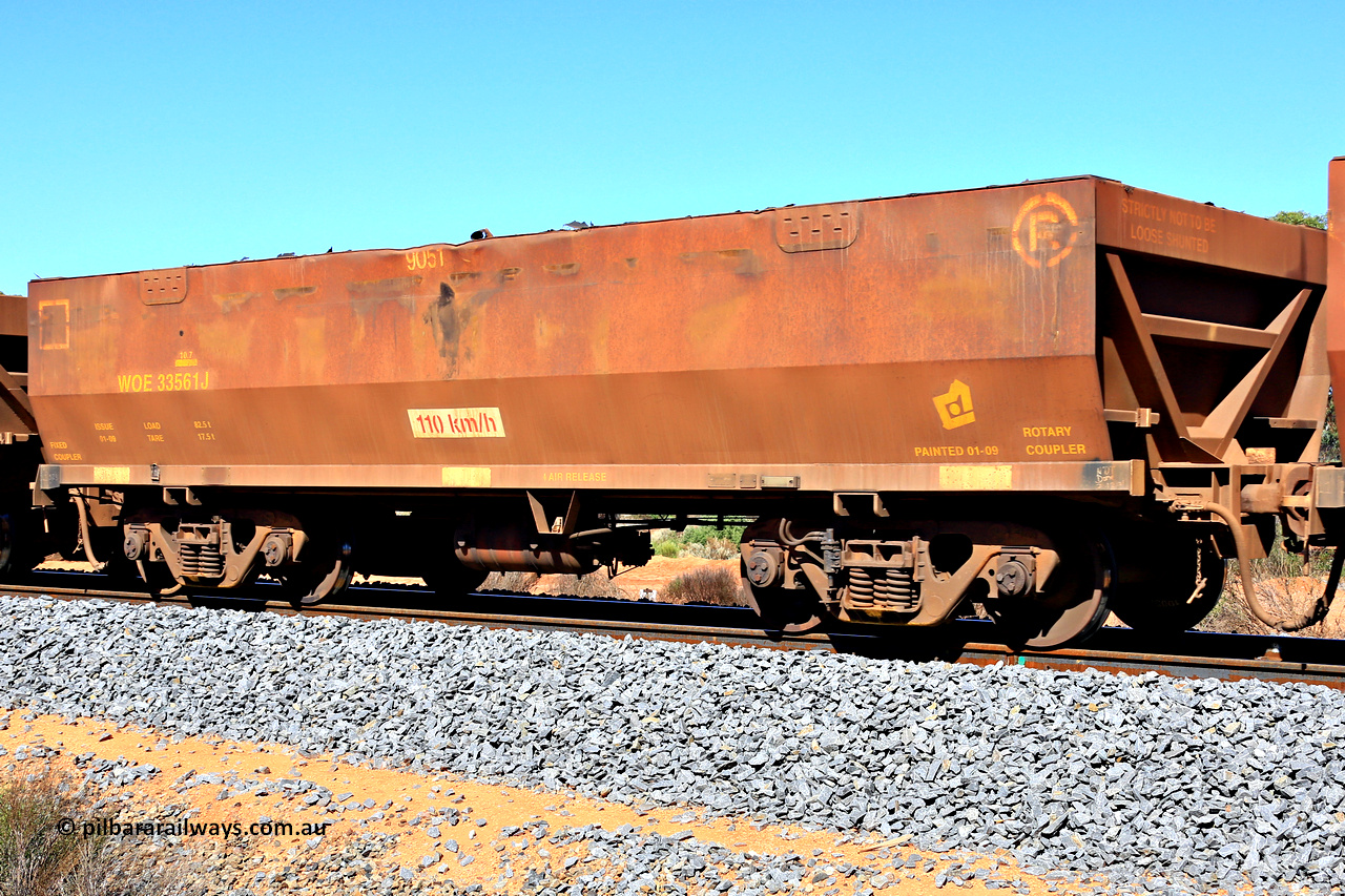 240328 2920
WOE type iron ore waggon WOE 33561 is one of a batch of one hundred and twenty eight built by United Group Rail WA between August 2008 and March 2009 with serial number 950211-101 and fleet number 9051, in Mineral Resources traffic 5040 empty Mount Walton iron ore train. March 28, 2024.
Keywords: WOE-type;WOE33561;United-Group-Rail-WA;950211-101;