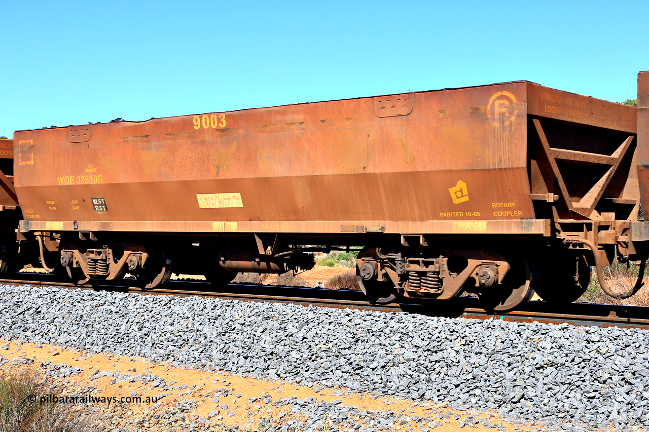 240328 2923
WOE type iron ore waggon WOE 33510 is one of a batch of one hundred and twenty eight built by United Group Rail WA between August 2008 and March 2009 with serial number 950211-050 and fleet number 9003, in Mineral Resources traffic 5040 empty Mount Walton iron ore train. March 28, 2024.
Keywords: WOE-type;WOE33510;United-Group-Rail-WA;950211-050;