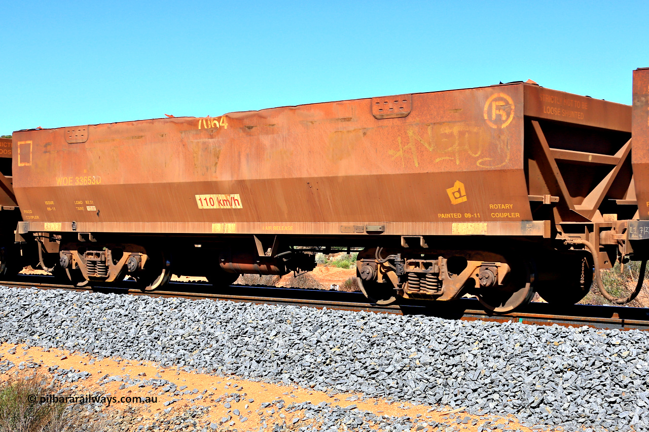240328 2924
WOE type iron ore waggon WOE 33653 is from a batch of two hundred and twenty seven built by UGL Rail WA between from 08-2011 and 02-2012 of the current style of 82.5 tonne load capacity WOE class waggons with serial number R0067-065 and fleet number 7064, in Mineral Resources traffic 5040 empty Mount Walton iron ore train. March 28, 2024.
Keywords: WOE-type;WOE33653;UGL-Rail-WA;R0067-065
