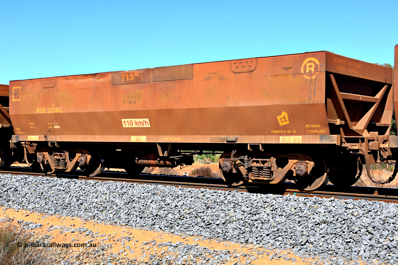 240328 2925
WOE type iron ore waggon WOE 33744 is from a batch of two hundred and twenty seven built by UGL Rail WA between from 08-2011 and 02-2012 of the current style of 82.5 tonne load capacity WOE class waggons with serial number R0067-156 and fleet number 7155, in Mineral Resources traffic 5040 empty Mount Walton iron ore train. March 28, 2024.
Keywords: WOE-type;WOE33744;UGL-Rail-WA;R0067-156;