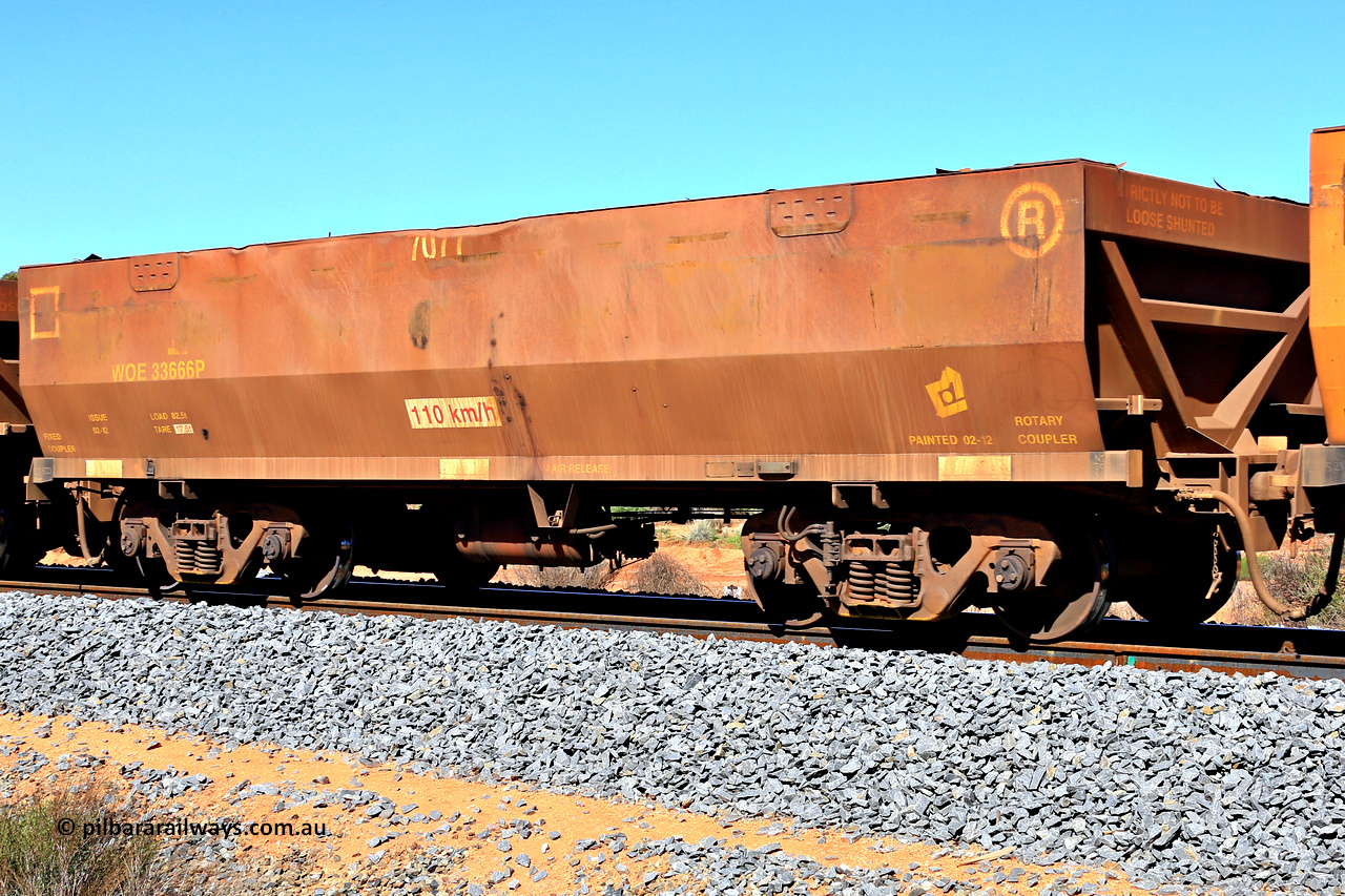 240328 2927
WOE type iron ore waggon WOE 33666 is from a batch of two hundred and twenty seven built by UGL Rail WA between from 08-2011 and 02-2012 of the current style of 82.5 tonne load capacity WOE class waggons with serial number R0067-078 and fleet number 7077, in Mineral Resources traffic 5040 empty Mount Walton iron ore train. March 28, 2024.
Keywords: WOE-type;WOE33666;UGL-Rail-WA;R0067-078;