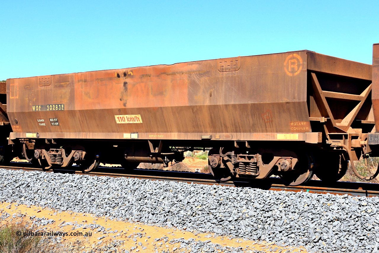 240328 2929
WOE type iron ore waggon WOE 30283 is one of a batch of one hundred and thirty built by Goninan WA between March and August 2001 with serial number 950092-033 and fleet number 625, in Mineral Resources traffic 5040 empty Mount Walton iron ore train. March 28, 2024.
Keywords: WOE-type;WOE30283;Goninan-WA;950092-033;