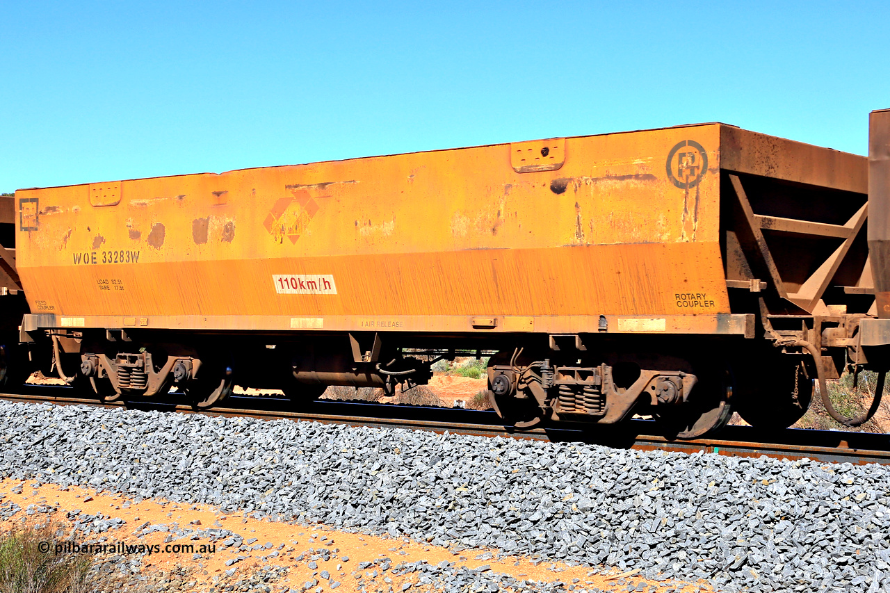 240328 2930
WOE type iron ore waggon WOE 33283 is one of a batch of thirty five built by United Goninan WA between January and April 2005 with serial number 950104-023 and was fleet number 782 before getting the Aurizon yellow sides and logo. In Mineral Resources traffic 5040 empty Mount Walton iron ore train. March 28, 2024.
Keywords: WOE-type;WOE33283;United-Goninan-WA;950104-023;