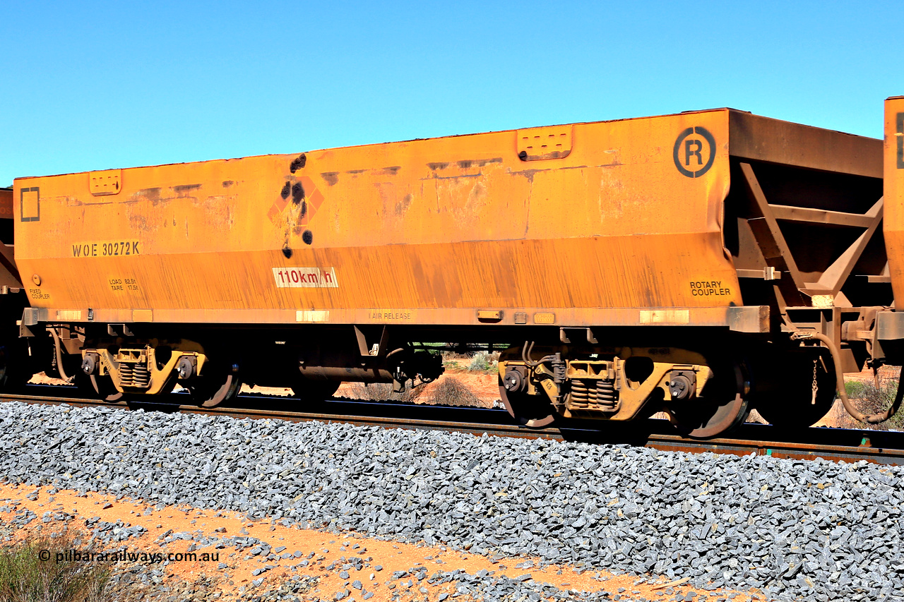240328 2931
WOE type iron ore waggon WOE 30272 is one of a batch of one hundred and thirty built by Goninan WA between March and August 2001 with serial number 950092-022 and was fleet number 615 before getting the Aurizon yellow sides and logo. In Mineral Resources traffic 5040 empty Mount Walton iron ore train. March 28, 2024.
Keywords: WOE-type;WOE30272;Goninan-WA;950092-022;