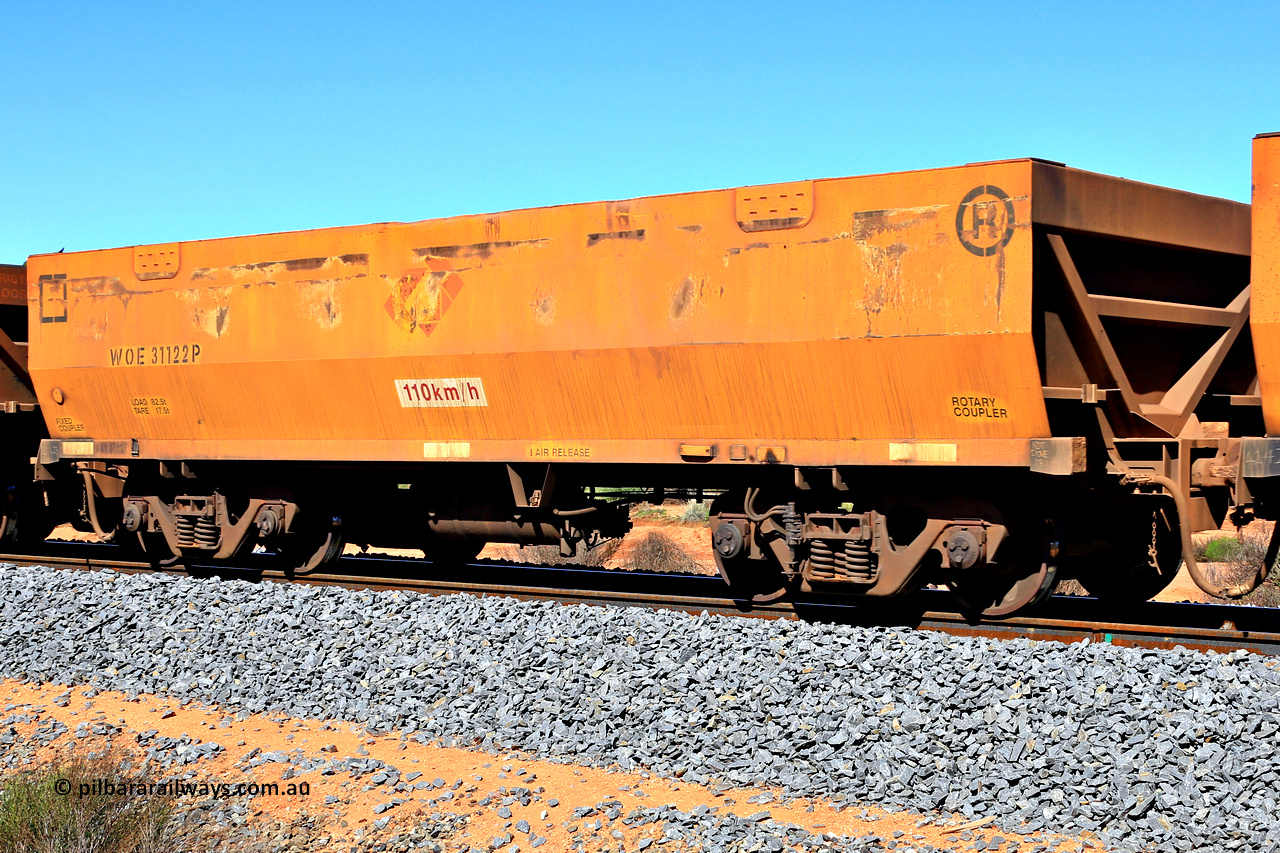 240328 2933
WOE type iron ore waggon WOE 31122 is one of a batch of one hundred and thirty built by Goninan WA between March and August 2001 with serial number 950092-112 and had fleet number 704 before getting the Aurizon yellow sides and logo. In Mineral Resources traffic 5040 empty Mount Walton iron ore train. March 28, 2024.
Keywords: WOE-type;WOE31122;Goninan-WA;950092-112;