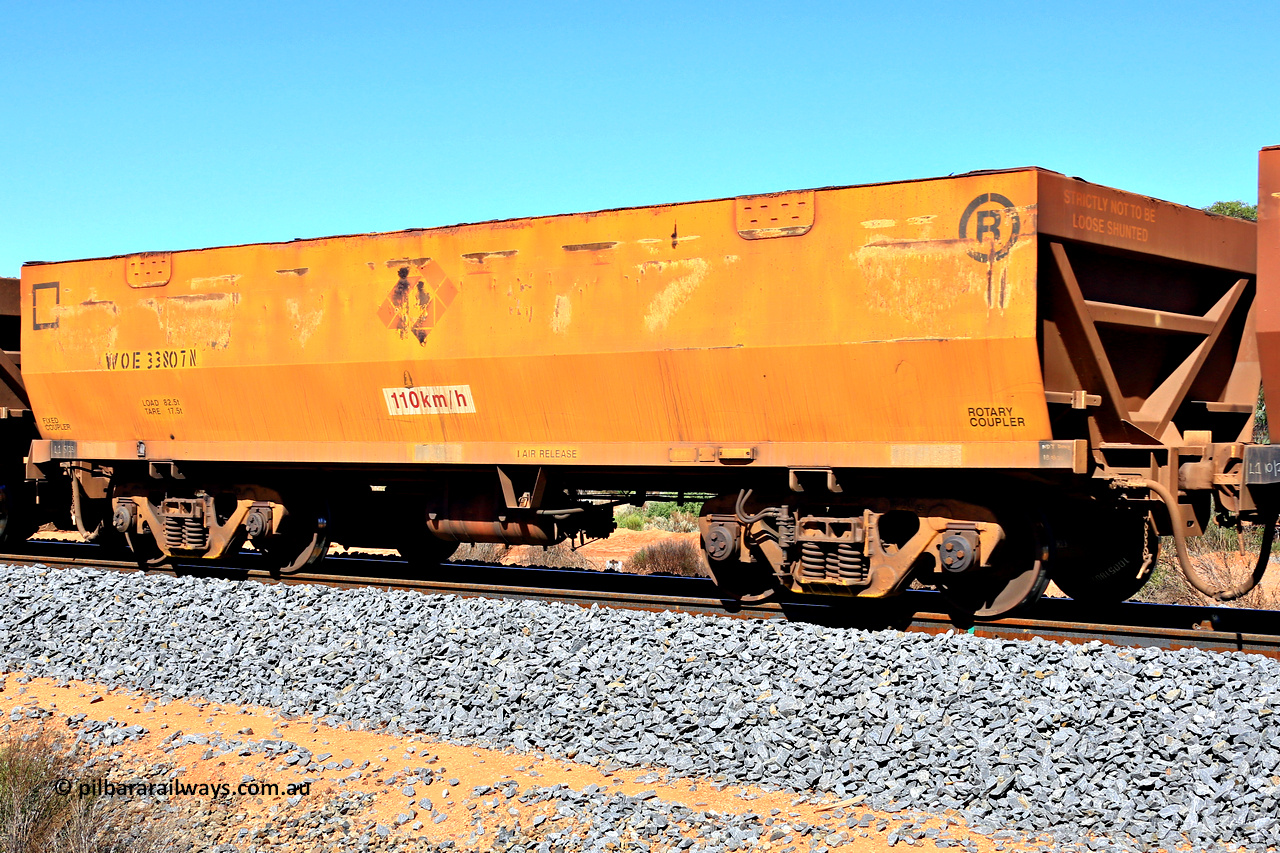 240328 2936
WOE type iron ore waggon WOE 33807 is from a batch of two hundred and twenty seven with serial number R0067-219 built by UGL Rail WA between from 08-2011 and 02-2012 of the current style of 82.5 tonne load capacity WOE class waggons and was fleet number 7218 before getting the Aurizon yellow sides and logo. In Mineral Resources traffic 5040 empty Mount Walton iron ore train. March 28, 2024.
Keywords: WOE-type;WOE33807;UGL-Rail-WA;R0067-219;