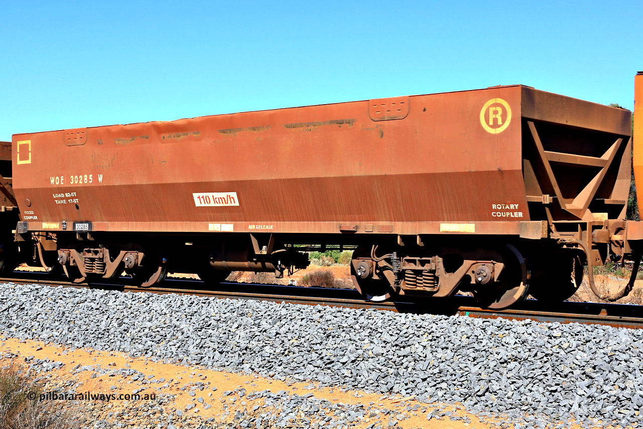 240328 2937
WOE type iron ore waggon WOE 30285 is one of a batch of one hundred and thirty built by Goninan WA between March and August 2001 with serial number 950092-035 and had fleet number 627 before being repainted, in Mineral Resources traffic 5040 empty Mount Walton iron ore train. March 28, 2024.
Keywords: WOE-type;WOE30285;Goninan-WA;950092-035;